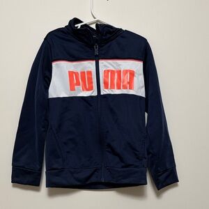 PUMA Kids Navy and White Hoodie with Orange Logo
